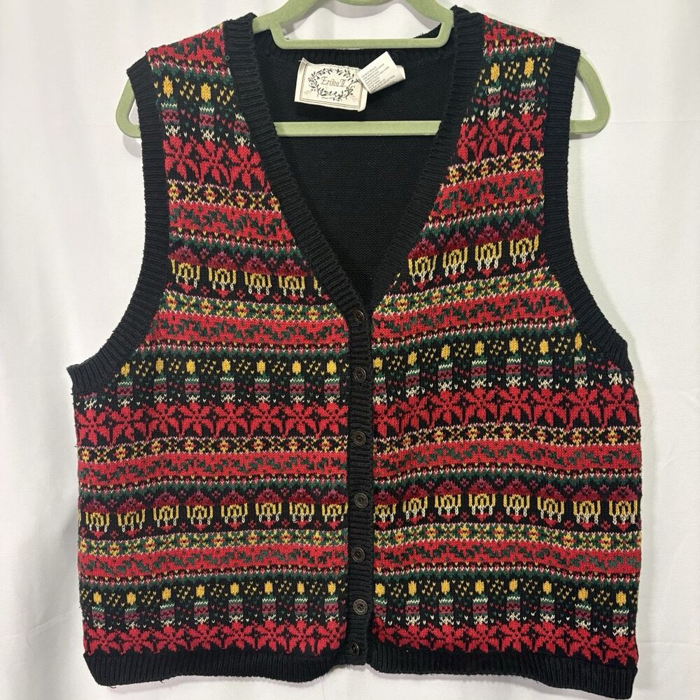 Vintage Women’s 90s Erika Christmas Sweater Vest 3X Poinsettia Holiday Ugly